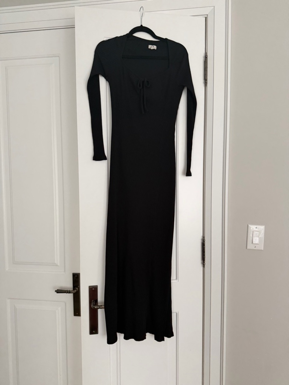 aerie Black Long-Sleeve Ribbed Tie-Front Maxi Dress